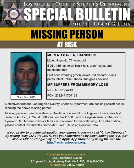 Los Angeles County Sheriff Seeks Public’s Help Locating Missing Person, Francisco Moreno, Last Seen in Lynwood