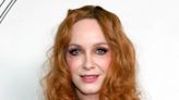 Christina Hendricks Rocks Deep Red Corseted Silk Ensemble on Date Night With Fiancé