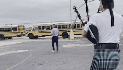 A bagpiper’s visit as part of a senior prank brings joy to high school