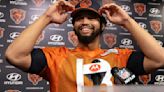 Chicago Bears quarterback Caleb Williams greets the media before the start of rookie minicamp at Halas Hall on May 10, 2024.