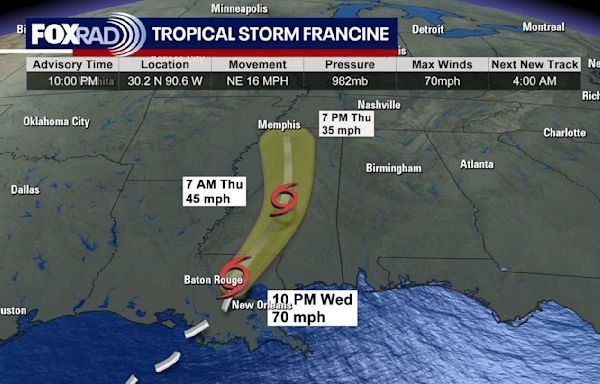 LIVE: Tropical Storm Francine tracker | Storm continues to move inland