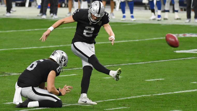 Las Vegas Raiders kicker drills sick trick shot at Aces practice | Sporting News