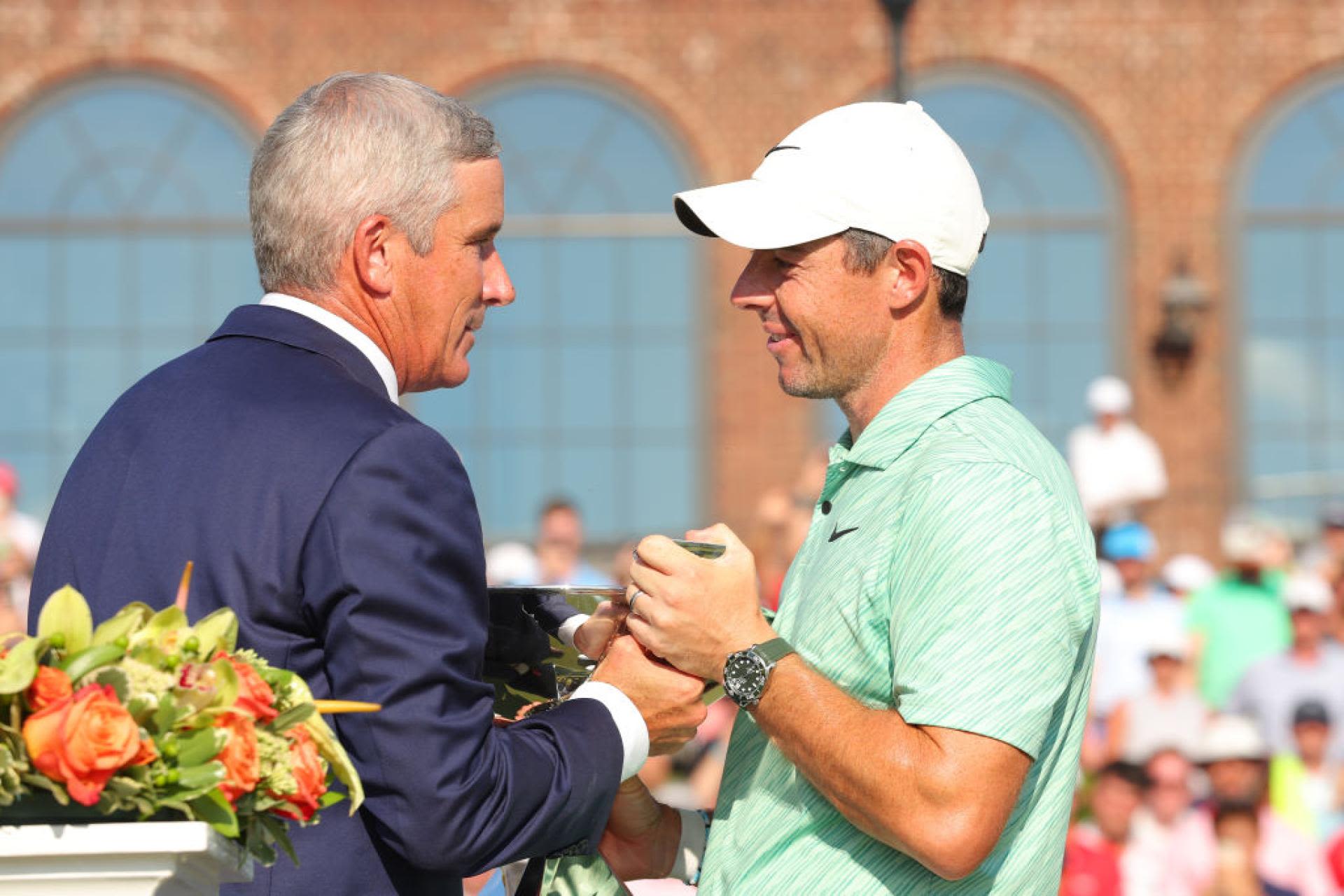 Jay Monahan reacts to Rory McIlroy's break after the shock at the US Open