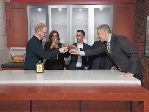 Cheers! Jim Gaffigan serves up laughs and his bourbon to the Morning Show team