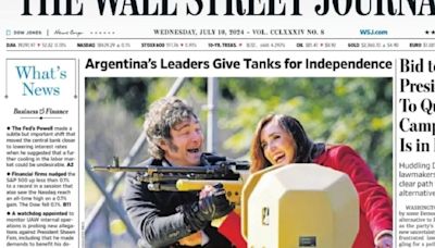 Milei subido a un tanque llegó a la tapa de The Wall Street Journal | Política