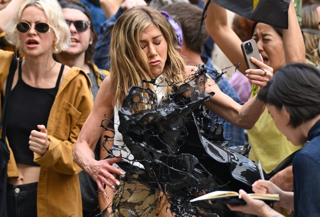 SEE IT: Jennifer Aniston doused in oil on ‘The Morning Show’ shoot in NYC