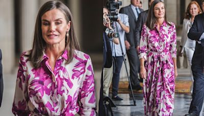 ...Queen Letizia of Spain Favors Floral Maximalism in CH Carolina Herrera Shirtdress With Vibrant Prints for Barcelona City...