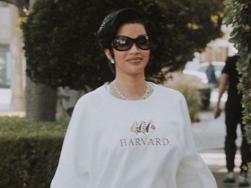 Cardi B Channels Princess Diana in a Harvard Sweatshirt and Biker Shorts