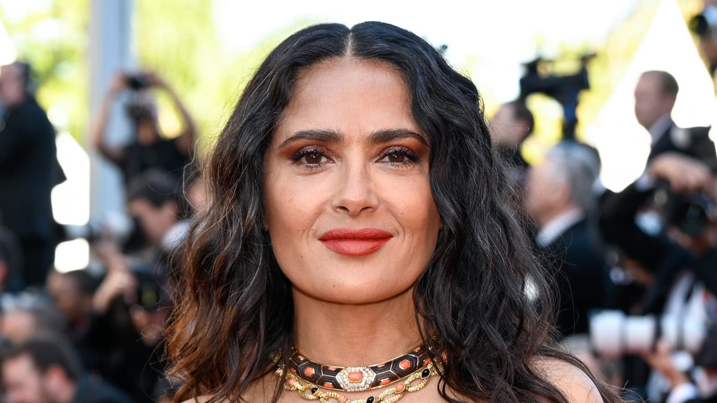 Salma Hayek Flaunts Toned Abs in Strappy Green Patterned Two-Piece