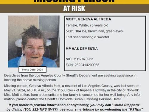 Los Angeles County Sheriff Seeks Public’s Help...Risk Missing 75-Year-Old Geneva Alfreda Mott, Last Seen in Norwalk