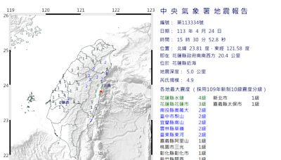 15:30花蓮近海發生規模4.9地震 最大震度4級