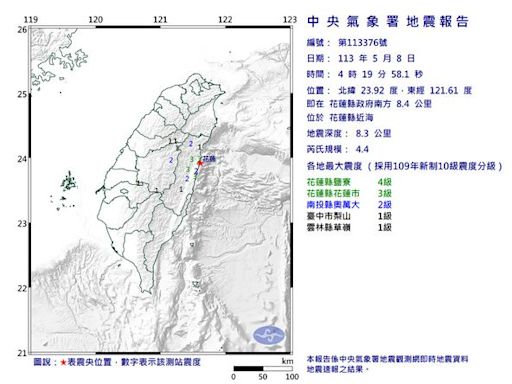 花蓮近海凌晨連續發生2起極淺層有感地震 最大震度都達4級