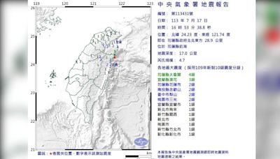 地牛翻身！16：53分花蓮規模4.7地震 8縣市有感最大震度4級