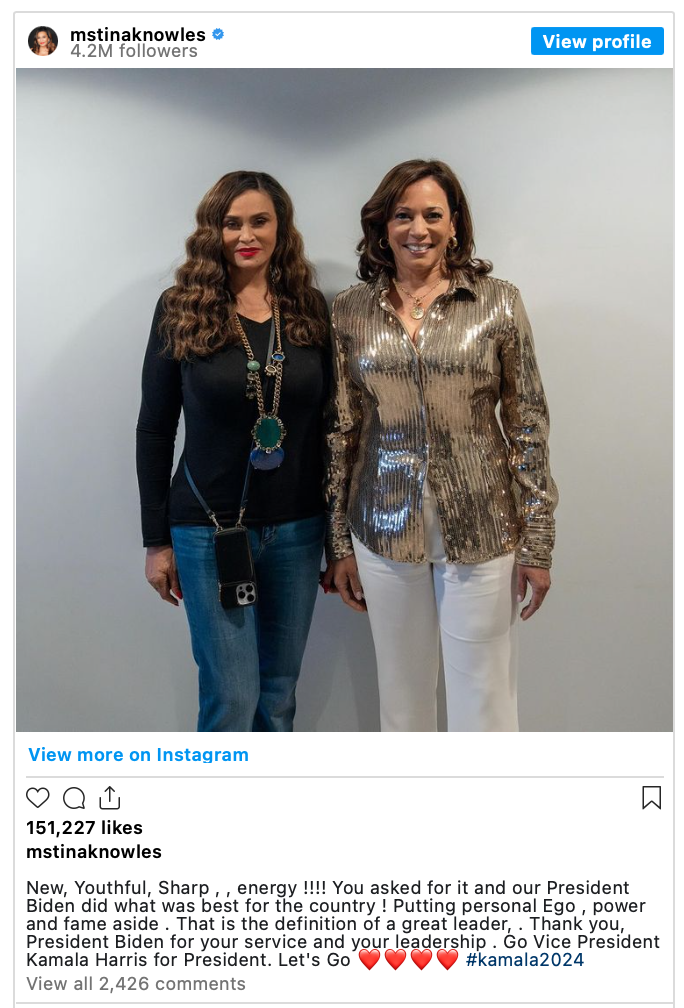 The Source |Tina Knowles, Beyoncé's Mother Praises VP Kamala Harris For POTUS in IG Endorsement