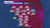 Triple-digit feels like temps and isolated storms Friday afternoon.