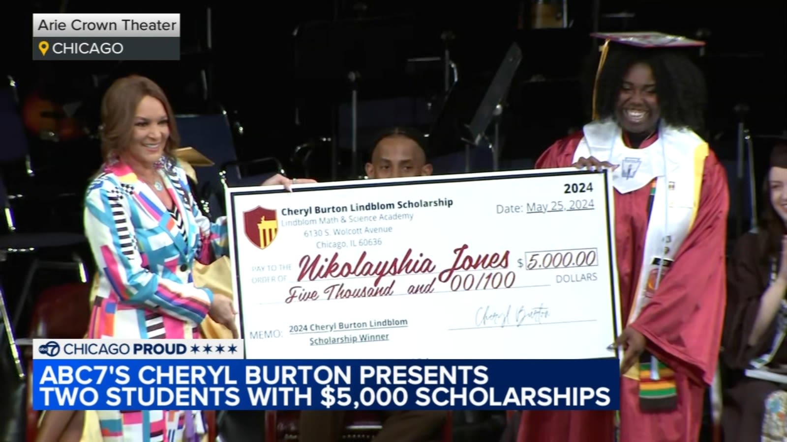 ABC7's Cheryl Burton gifts $5K scholarships to two Lindblom Math and Science Academy graduates