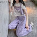 SSS-鹽系套裝女學生韓版寬鬆夏季設計紫色高腰寬褲印花短袖兩件套女-實拍保障質量