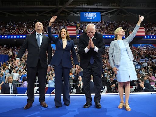 Tim Walz pulls no punches in first speech as Harris’s running mate at packed Philadelphia rally