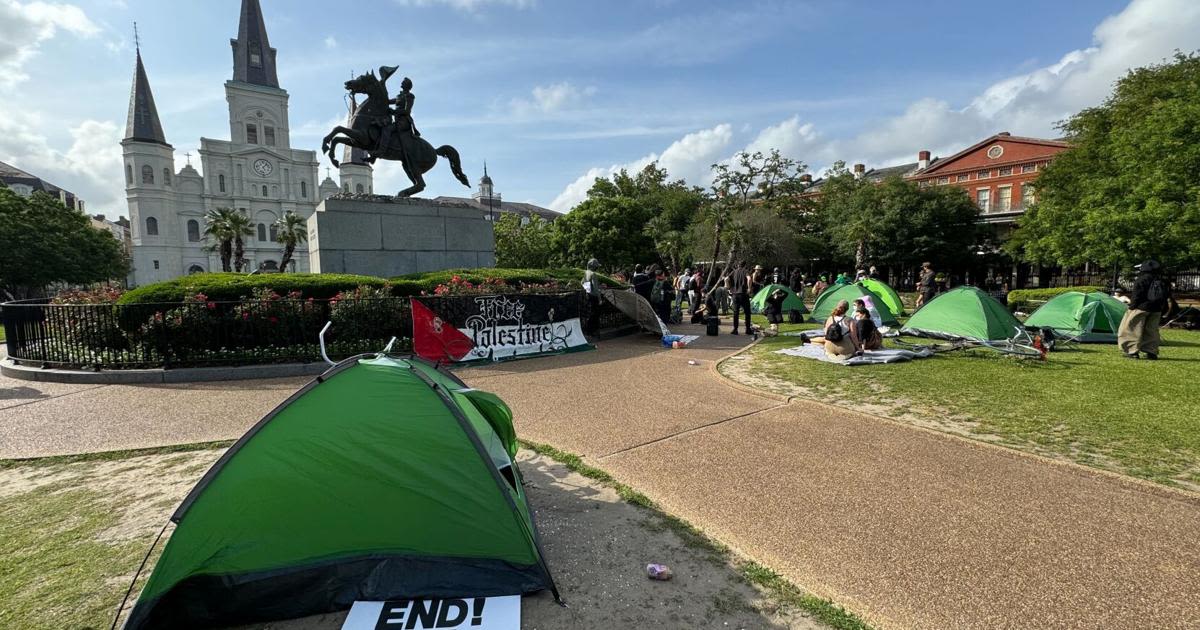 Palestine supporters set up tents in New Orleans Jackson Square as protests sweep the US