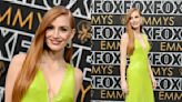 Jessica Chastain Glistens in Lime Green Gucci Dress Featuring Sequins and Fringe at the 2023 Emmys