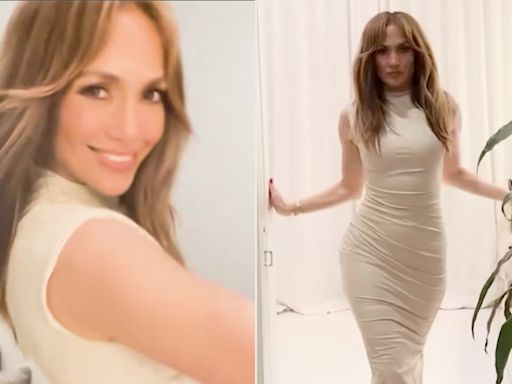 Jennifer Lopez Rocks Cream Bodycon Dress as She Struts Ahead of 'Mom’s Night Out'