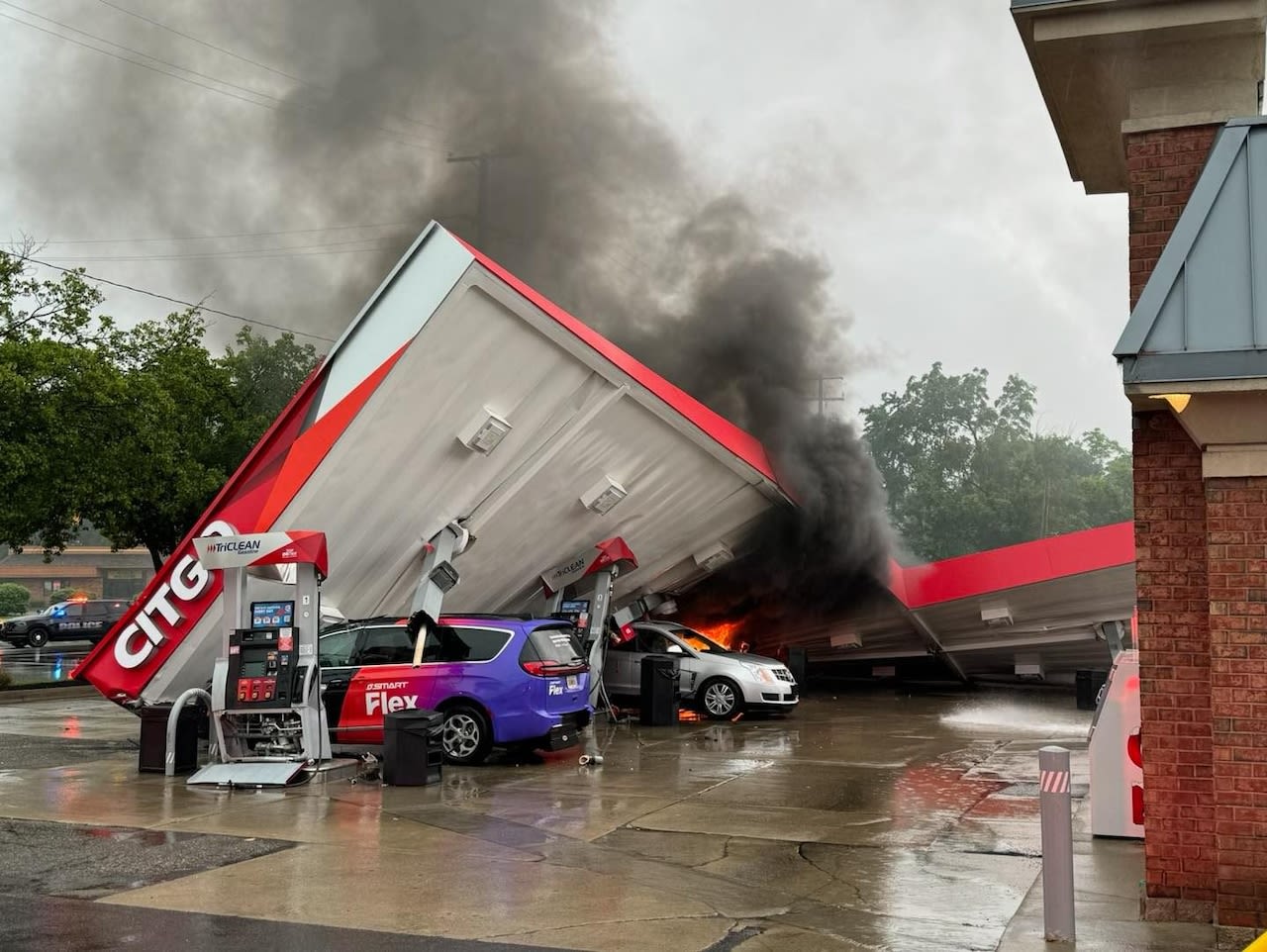 Farmington Hills gas station catches fire after canopy collapses