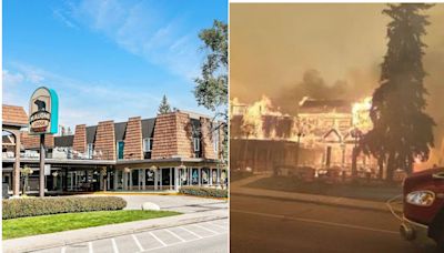 Jasper National Park engulfed in flames: Shocking before and after photos show famous Maligne Lodge burning as Alberta wildfire spreads