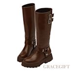 【Grace Gift】時髦金屬釦環厚底長靴 棕