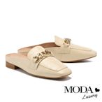 穆勒鞋 MODA Luxury 時髦粗鏈壓紋全真皮低跟穆勒拖鞋－米