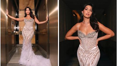 Glam Starts And Stops At Nora Fatehi In A Feathery White Sequinned And Mesh Gown