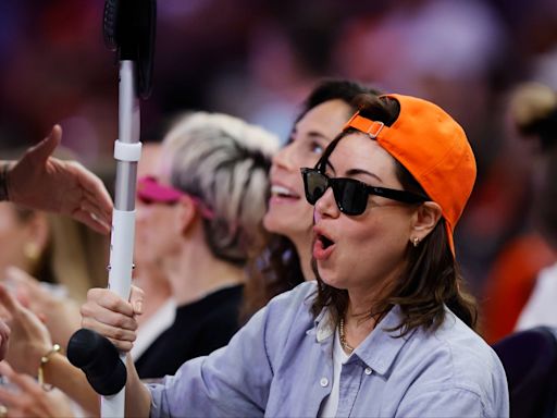 Aubrey Plaza seen on crutches after nasty basketball injury during WNBA All-Star weekend