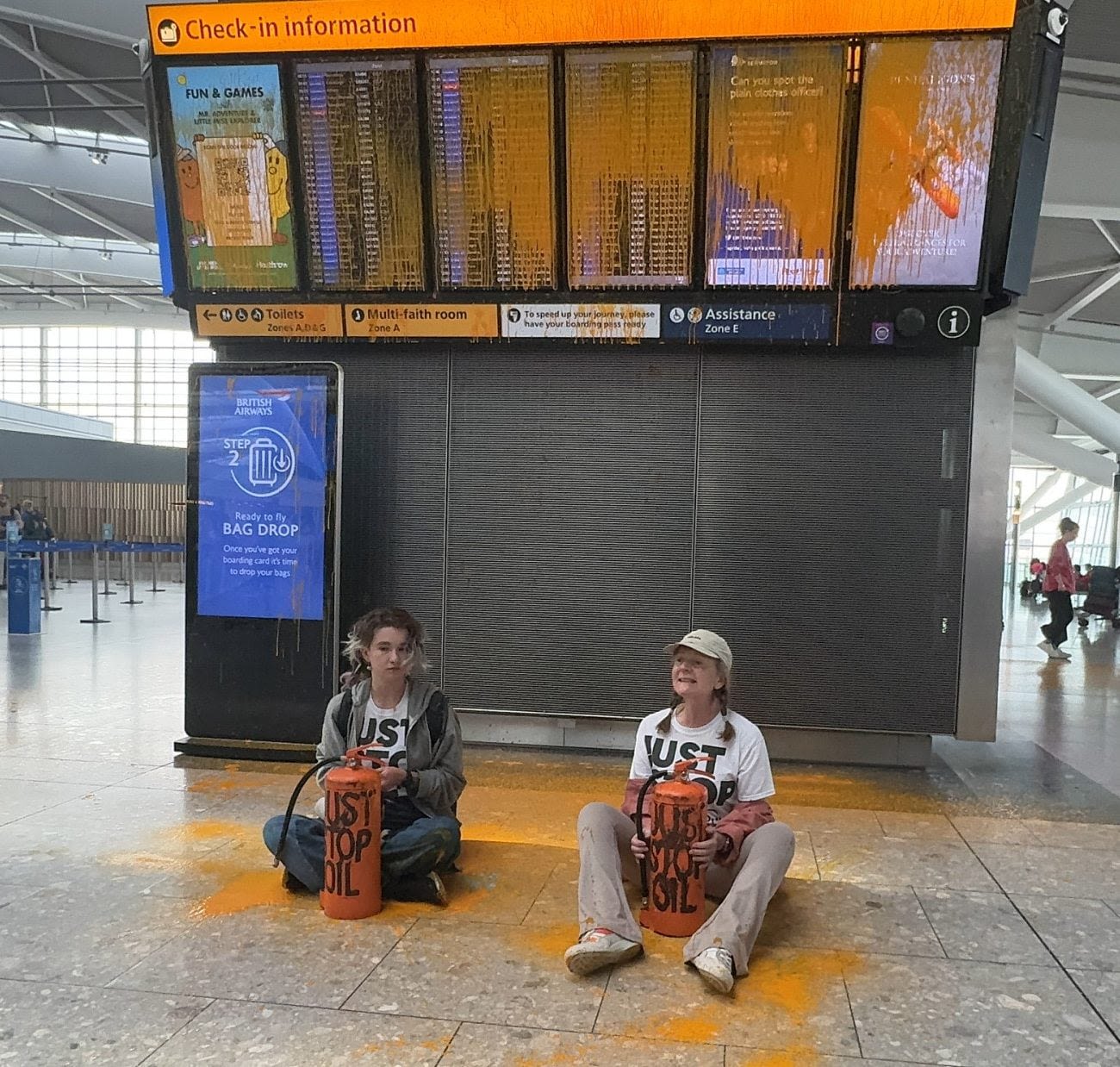 Watch: Just Stop Oil poster girl who threw soup on Van Gogh painting sprays paint at Heathrow