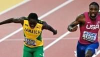 Jamaica's Oblique Seville, left, beat reigning world champion Noah Lyles of the United States, right, in the men's 100m final at the Racer Grand Prix meet in Jamaica