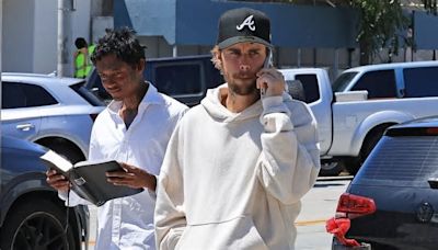 Justin Bieber steps out for lunch in very low-slung Balenciaga sweats after his surprise appearance during Tems' set at Coachella