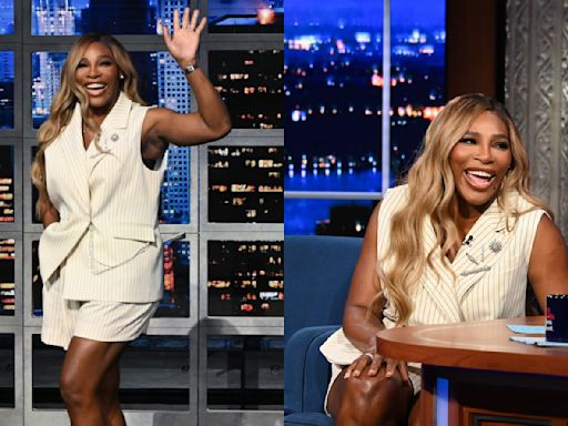 Serena Williams Puts a Pinstripe Spin on the Vest Trend for ‘Stephen Colbert’ Appearance, Talks ‘In the Arena: Serena Williams...