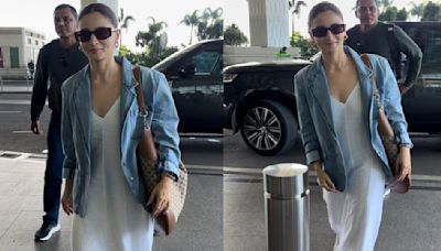 Airport Style: Alia Bhatt wears easy to copy look in white maxi dress and denim jacket with Gucci bag worth Rs 3,44,351