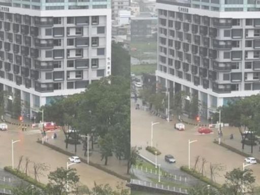 凱米颱風／高美館豪宅區淹大水！整條馬路淪「黃河」 高空慘況照曝光