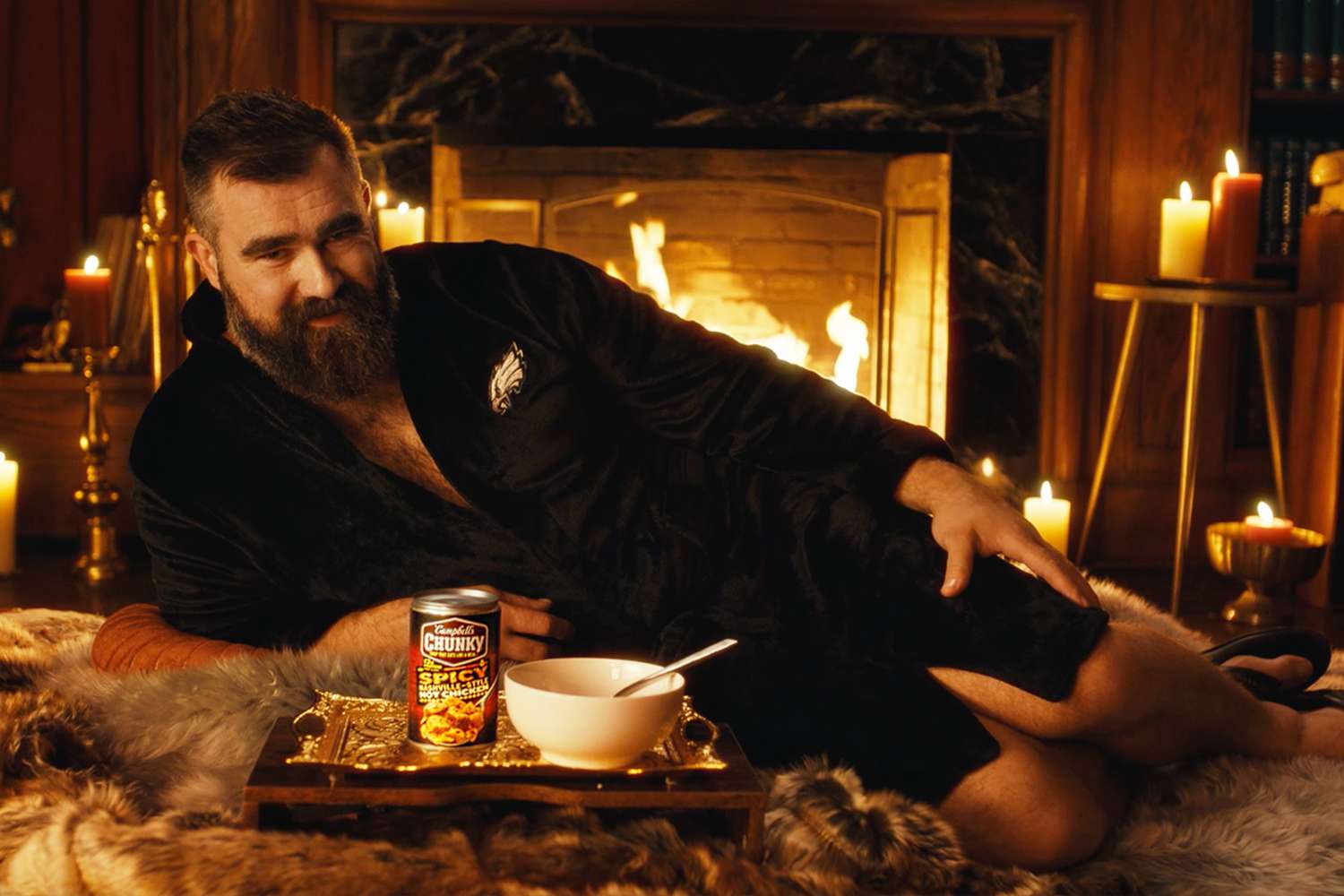 Jason Kelce Lies Fireside in Just a Robe for New Campbell's Chunky Commercial: 'Is It Hot in Here?' (Exclusive)