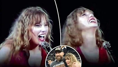 Giddy Taylor Swift giggles over lyric about ‘dating the boy on the football team’ amid Travis Kelce romance