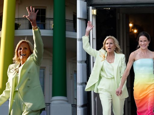 First Lady Jill Biden Dons Mint Green Power Suit With Daughter Ashley in Revolve Rainbow Dress...