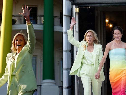 First Lady Jill Biden Dons Mint Green Power Suit With Daughter Ashley in Revolve Rainbow Dress for White House...