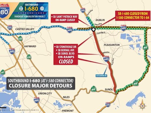 Southbound I-680 in Pleasanton area closed all weekend for repairs