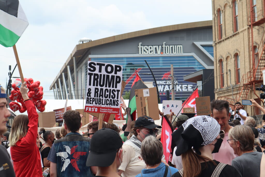 Protest march reaches perimeter of Republican convention site in Milwaukee Monday