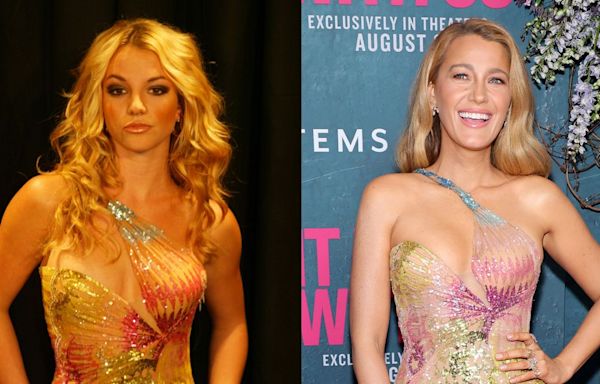 Britney Spears Poses In "Updated" Version of 2002 Versace Gown Recently Worn by Blake Lively