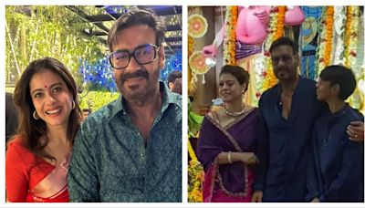 Kajol pinches Ajay Devgn for a perfect family picture at Durga Puja; fans call it a ‘biwi thing’