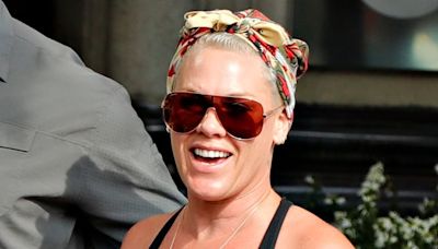 Pink cuts casual figure at hotel ahead of concert in Sweden