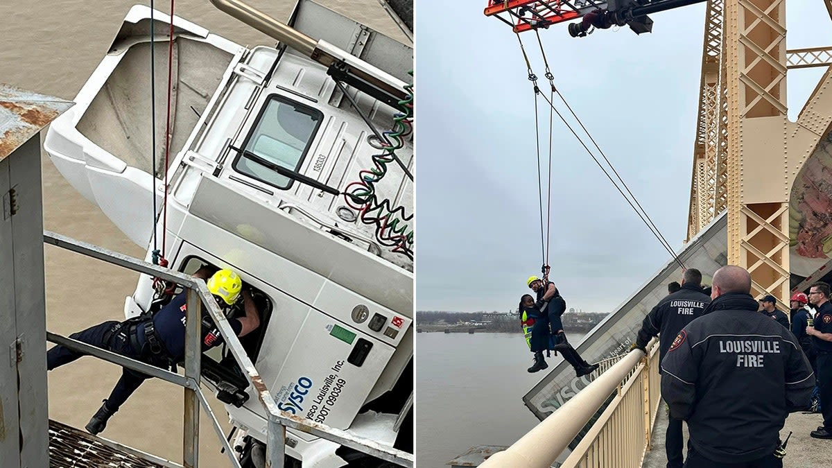 Dramatic video shows harrowing moment truck crashed on bridge in Louisville, Kentucky, left dangling off edge