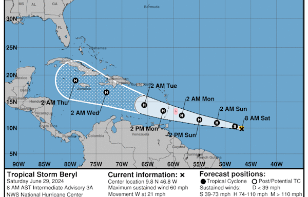 NHC: Hurricane Beryl roars toward Caribbean as a dangerous Category 3 storm