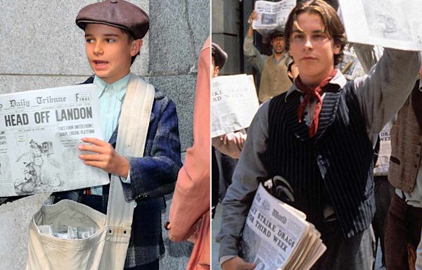 Seize the day! Christian Bale's son appears with him on 'The Bride' set dressed as a newsie