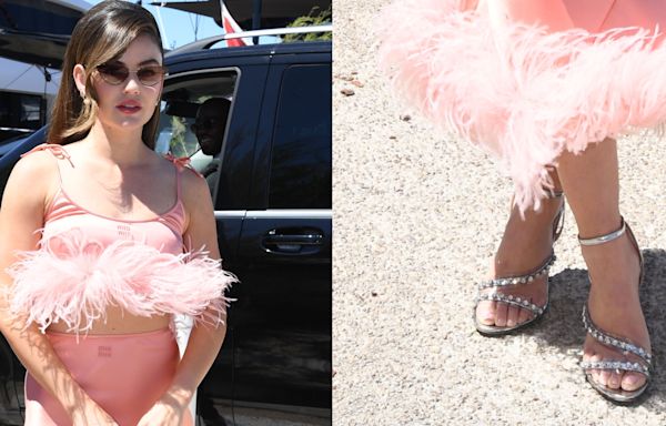 Lucy Hale Glitters in Metallic Miu Miu Sandals at Cannes Film Festival